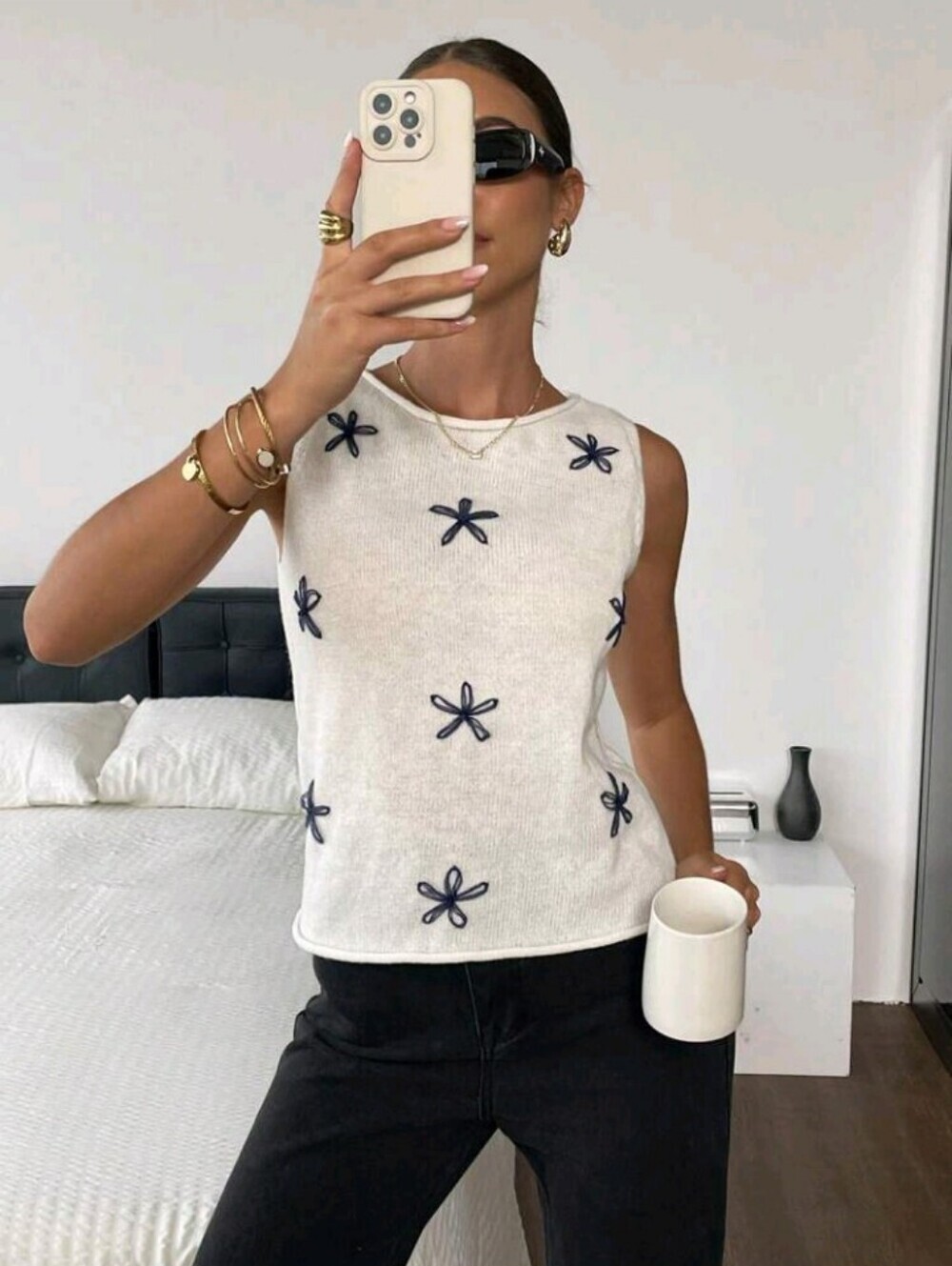 Women Floral Print Round Neck Casual Knit Vest,Tops For School In Fall/Winter - Picture 7 of 8